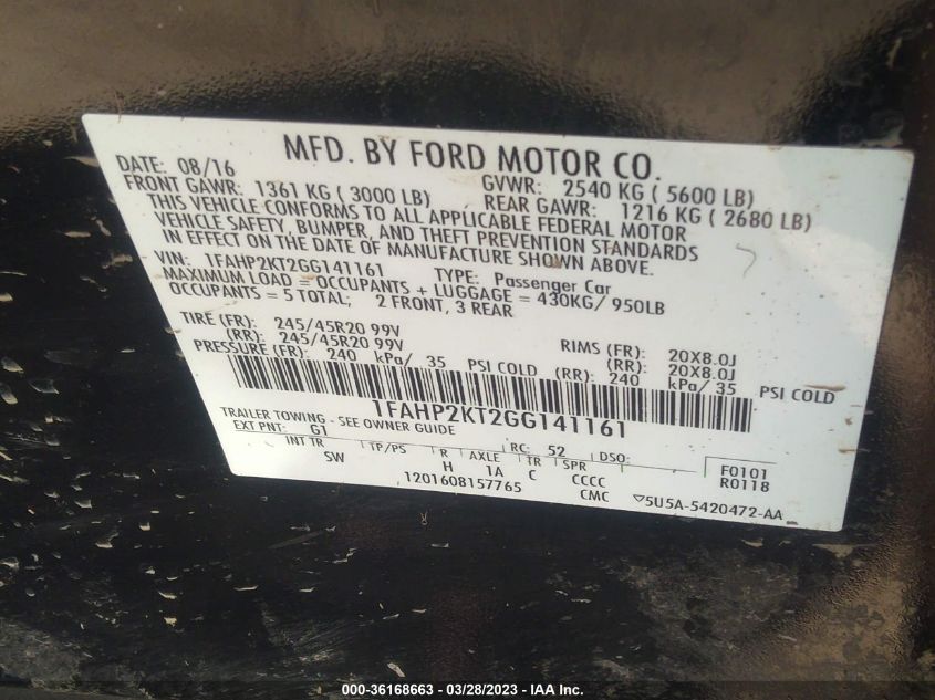 2016 FORD TAURUS SHO - 1FAHP2KT2GG141161