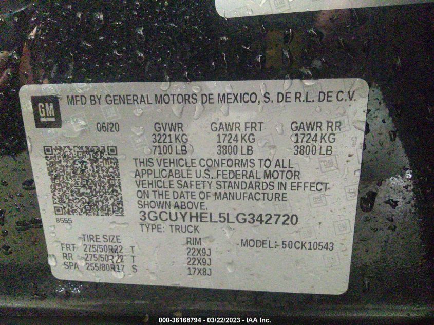 2020 CHEVROLET SILVERADO 1500 HIGH COUNTRY - 3GCUYHEL5LG342720