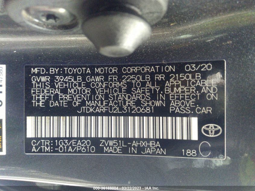 2020 TOYOTA PRIUS L ECO/LE/XLE/LIMITED - JTDKARFU2L3120681
