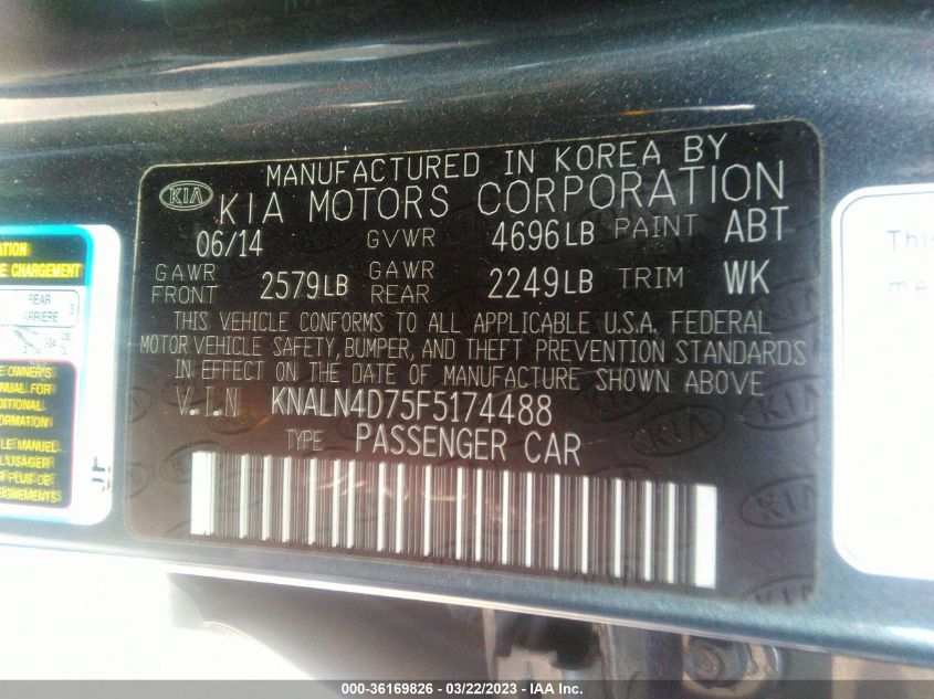 2015 KIA CADENZA PREMIUM KNALN4D75F5174488