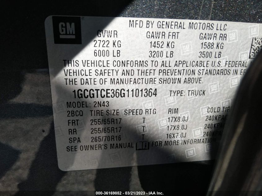 2016 CHEVROLET COLORADO 4WD LT - 1GCGTCE36G1101364
