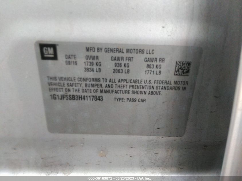 2017 CHEVROLET SONIC PREMIER - 1G1JF5SB3H4117843