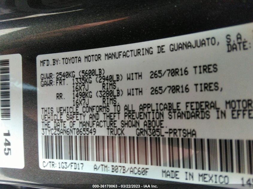 2022 TOYOTA TACOMA 4WD SR/SR5/TRD SPORT - 3TYCZ5AN6NT065549
