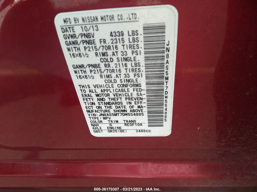 2013 NISSAN ROGUE S - JN8AS5MT7DW554885