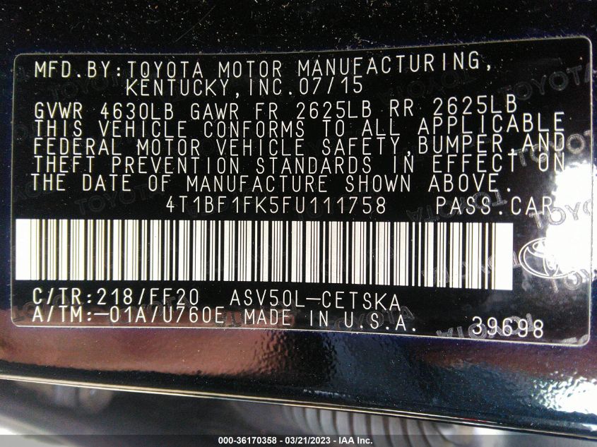 2015 TOYOTA CAMRY XLE/SE/LE/XSE - 4T1BF1FK5FU111758