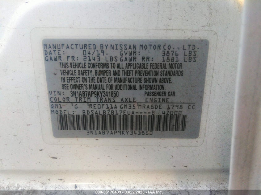VIN 3N1AB7AP9KY341850 2019 NISSAN SENTRA S