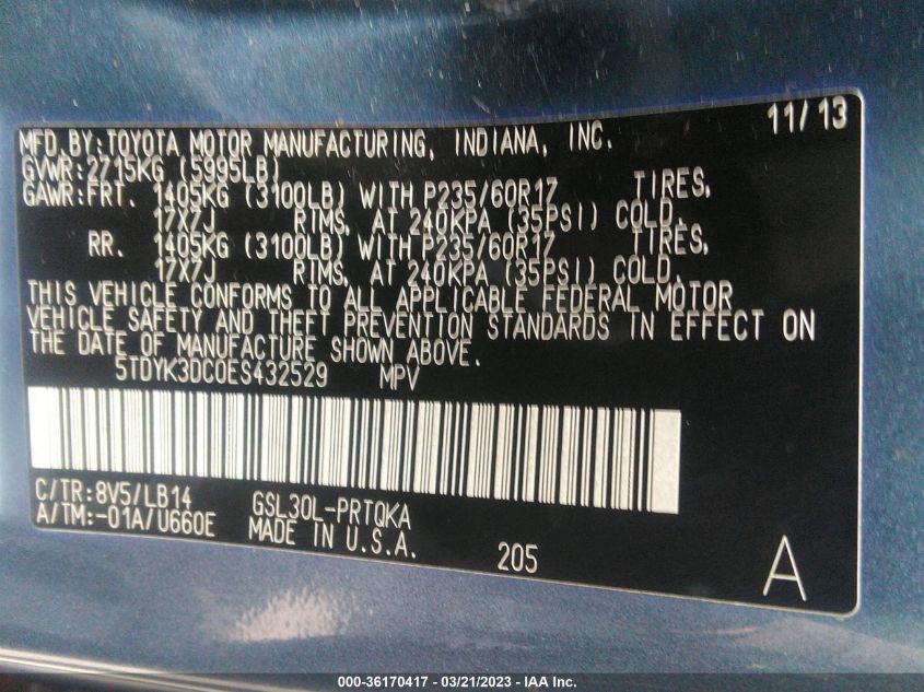 2014 TOYOTA SIENNA XLE/XLE AAS/LTD - 5TDYK3DC0ES432529