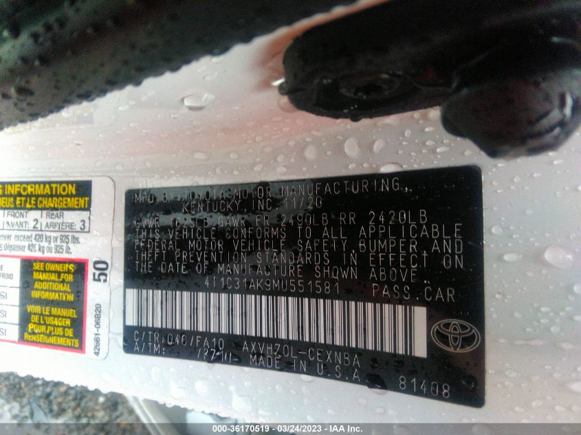 2021 TOYOTA CAMRY HYBRID LE - 4T1C31AK9MU551581