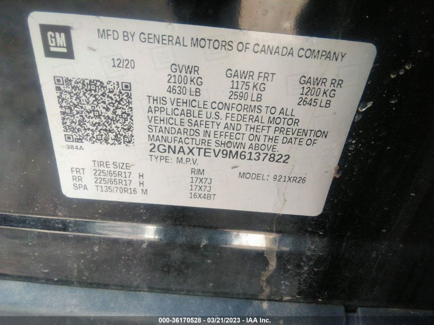 2021 CHEVROLET EQUINOX LT - 2GNAXTEV9M6137822