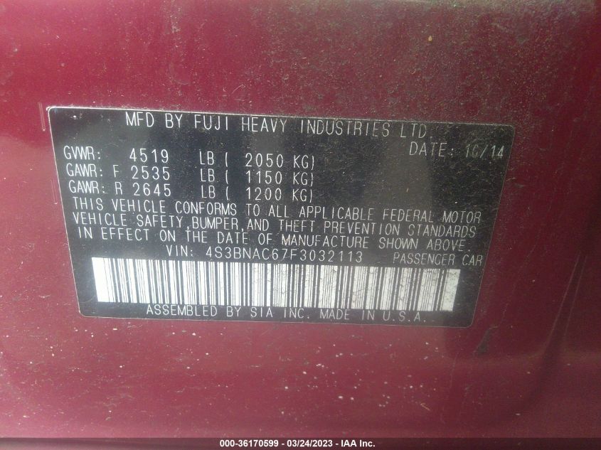 2015 SUBARU LEGACY 2.5I PREMIUM - 4S3BNAC67F3032113