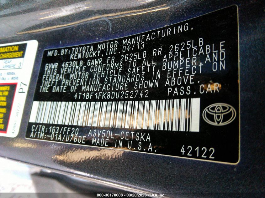 2013 TOYOTA CAMRY L/LE/SE/XLE - 4T1BF1FK8DU252742