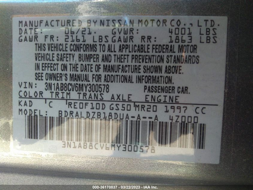 2021 NISSAN SENTRA SV - 3N1AB8CV6MY300578
