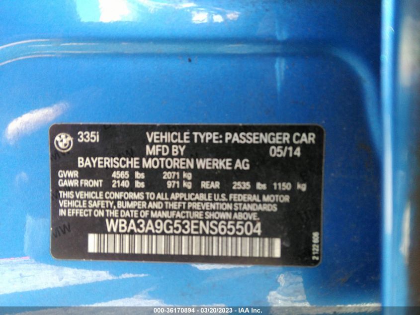 2014 BMW 3 SERIES 335I - WBA3A9G53ENS65504