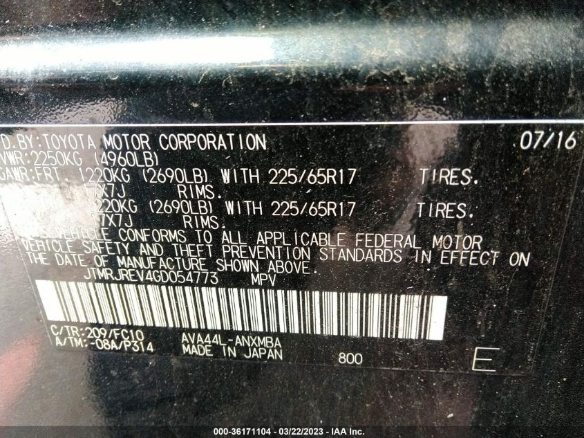 2016 TOYOTA RAV4 HYBRID XLE JTMRJREV4GD054773