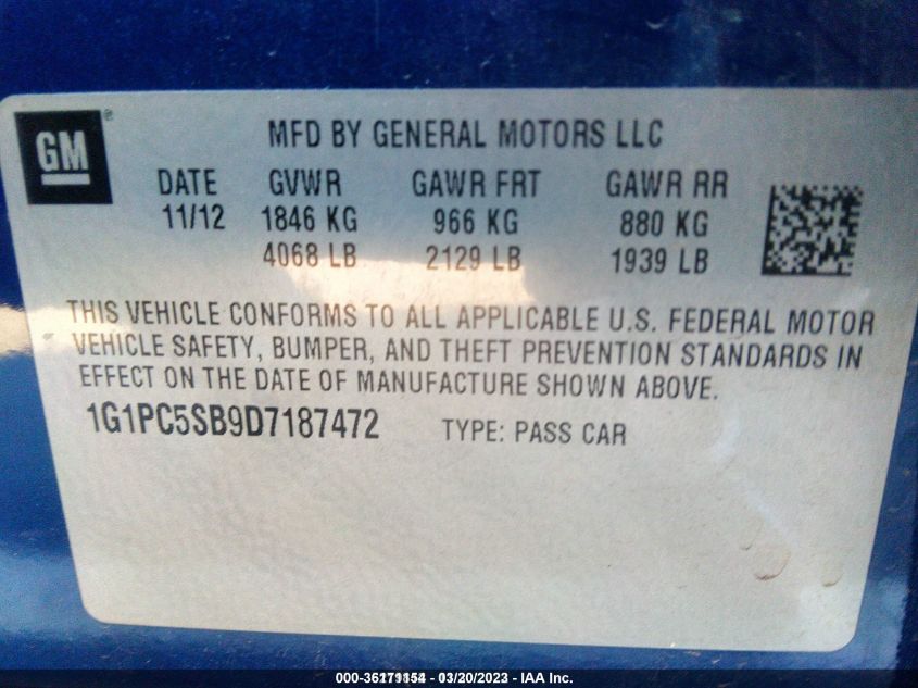 2013 CHEVROLET CRUZE 1LT - 1G1PC5SB9D7187472