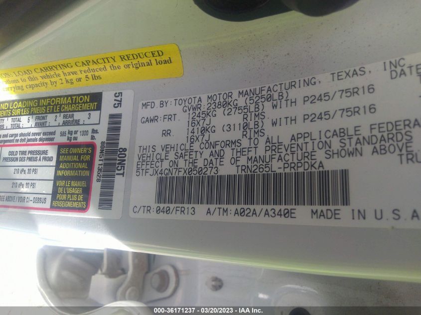 2015 TOYOTA TACOMA PRERUNNER - 5TFJX4GN7FX050273