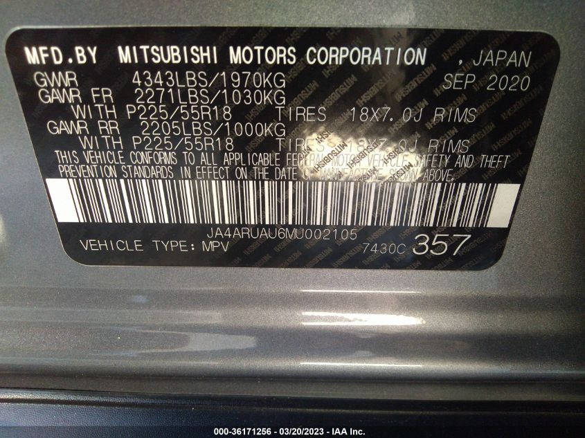 2021 MITSUBISHI OUTLANDER SPORT ES/SE/LE/BE - JA4ARUAU6MU002105