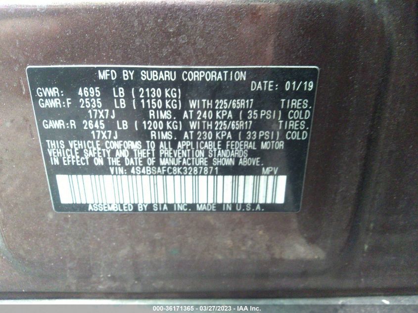 2019 SUBARU OUTBACK PREMIUM - 4S4BSAFC8K3287871