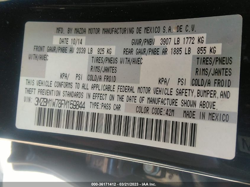 2015 MAZDA MAZDA3 I GRAND TOURING - 3MZBM1W78FM159844