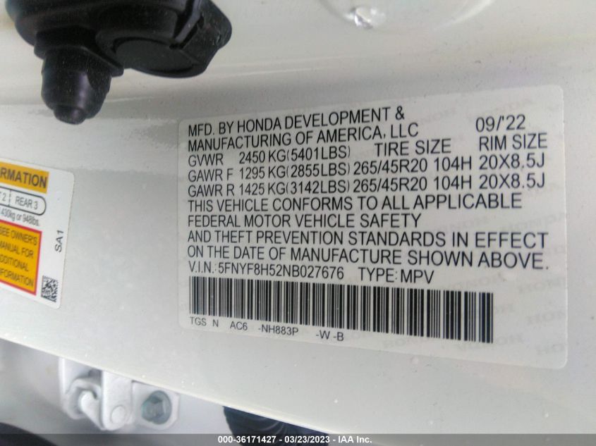 2022 HONDA PASSPORT EX-L - 5FNYF8H52NB027676