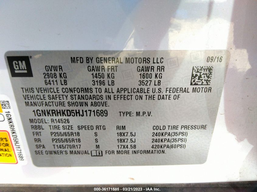 2017 CHEVROLET TRAVERSE LT - 1GNKRHKD5HJ171689