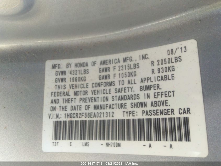 2014 HONDA ACCORD SEDAN SPORT - 1HGCR2F56EA021312