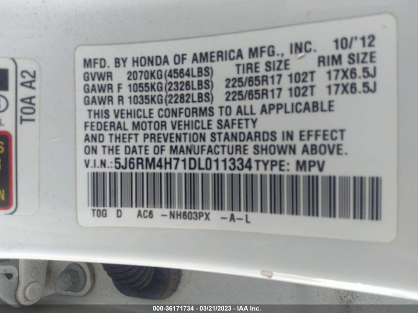 2013 HONDA CR-V EX-L - 5J6RM4H71DL011334