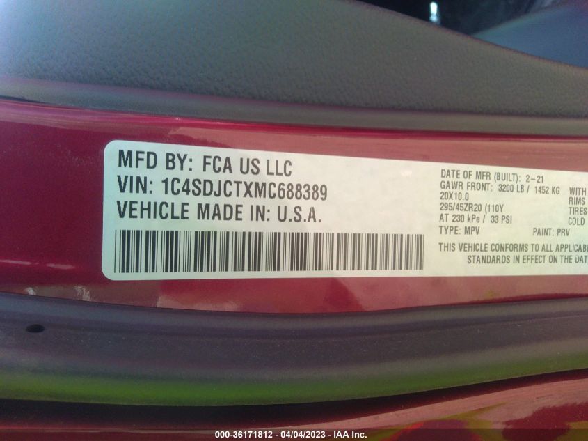 2021 DODGE DURANGO R/T - 1C4SDJCTXMC688389