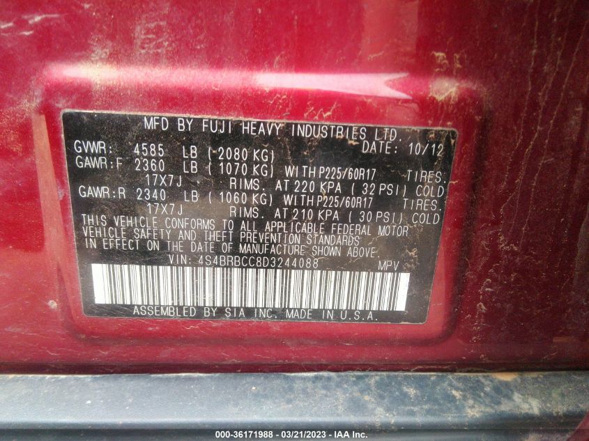 2013 SUBARU OUTBACK 2.5I PREMIUM - 4S4BRBCC8D3244088