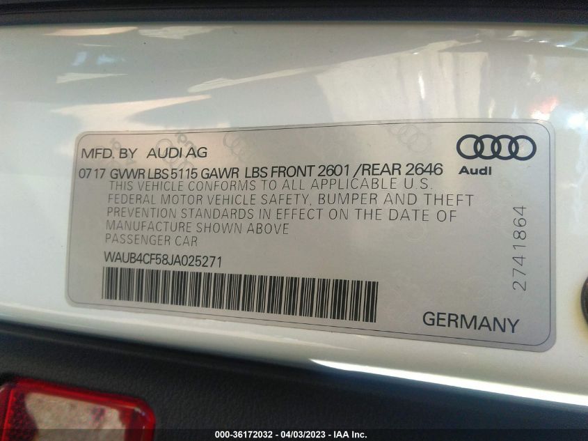 2018 AUDI S5 SPORTBACK PREMIUM PLUS WAUB4CF58JA025271