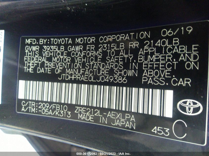 2020 TOYOTA COROLLA LE - JTDHPRAE0LJ049386