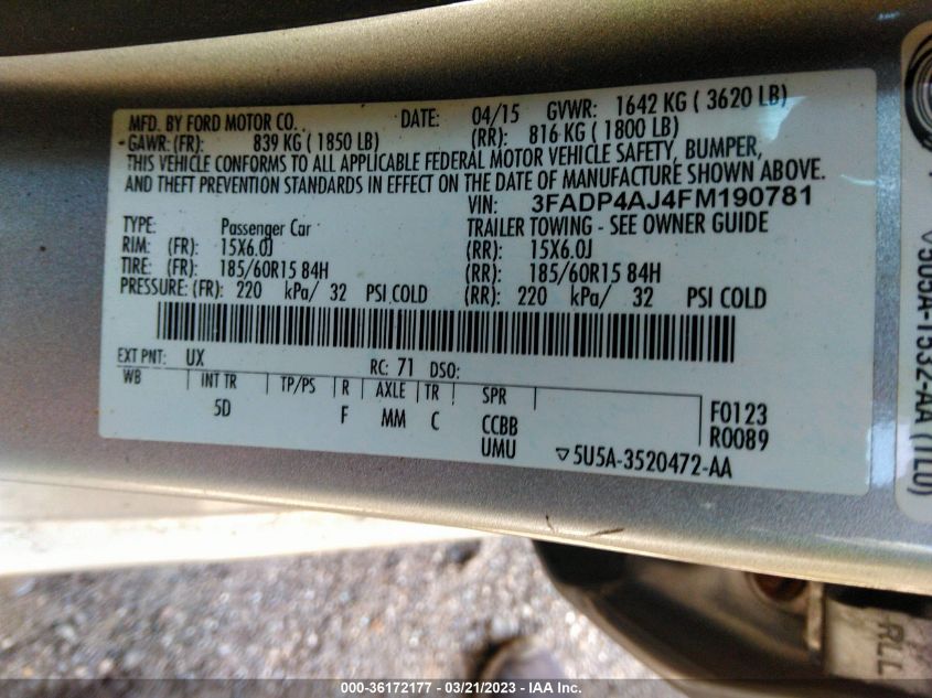 2015 FORD FIESTA S - 3FADP4AJ4FM190781