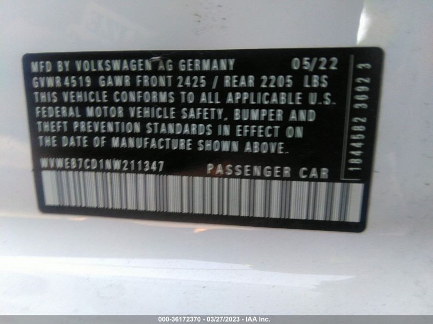 2022 VOLKSWAGEN GOLF R WVWEB7CD1NW211347