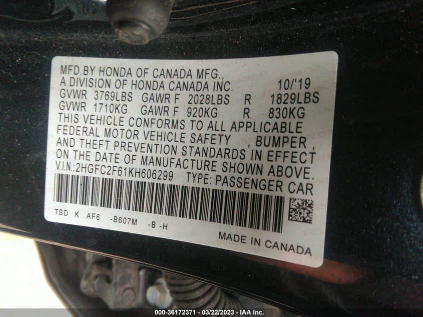 VIN 2HGFC2F61KH606299 2019 HONDA CIVIC SEDAN LX