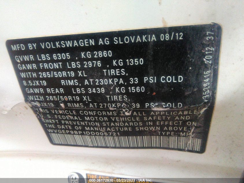 2013 VOLKSWAGEN TOUAREG LUX WVGEP9BP1DD005721