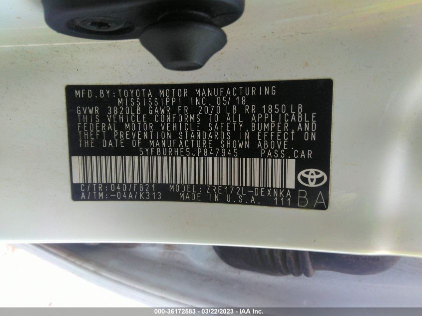 2018 TOYOTA COROLLA L/LE/XLE/SE/XSE - 5YFBURHE5JP847945