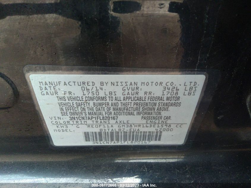 2015 NISSAN VERSA SV - 3N1CN7AP1FL820167