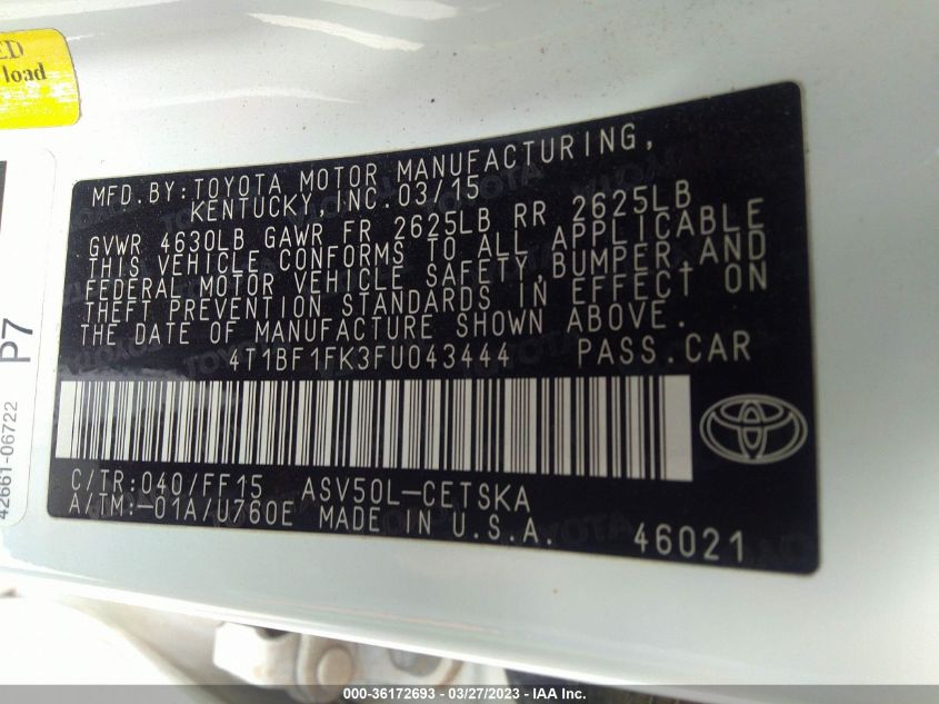 2015 TOYOTA CAMRY XLE/SE/LE/XSE - 4T1BF1FK3FU043444
