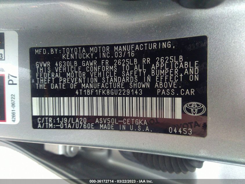 2016 TOYOTA CAMRY XLE/SE/LE/XSE - 4T1BF1FK8GU229143