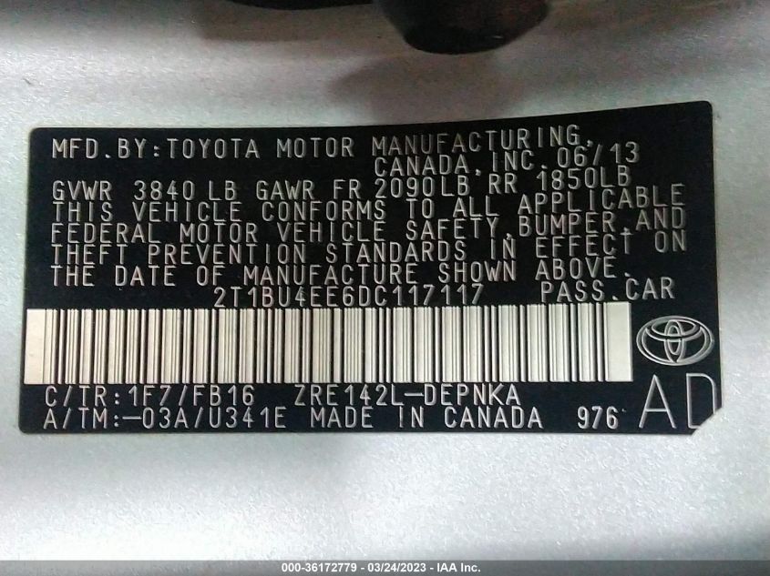 2013 TOYOTA COROLLA L/LE/S - 2T1BU4EE6DC117117