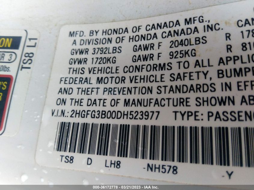 2013 HONDA CIVIC CPE EX-L - 2HGFG3B00DH523977