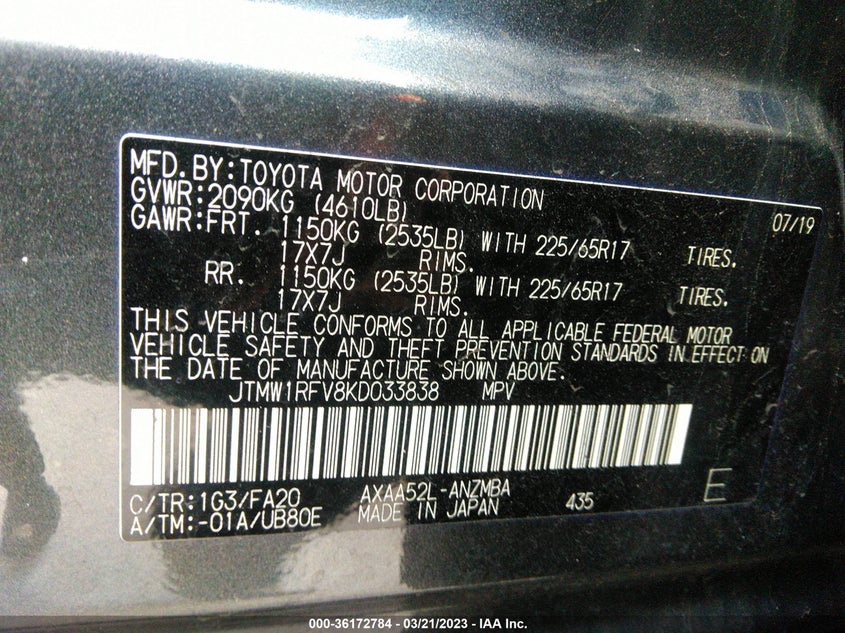 VIN JTMW1RFV8KD033838 2019 TOYOTA RAV4 XLE