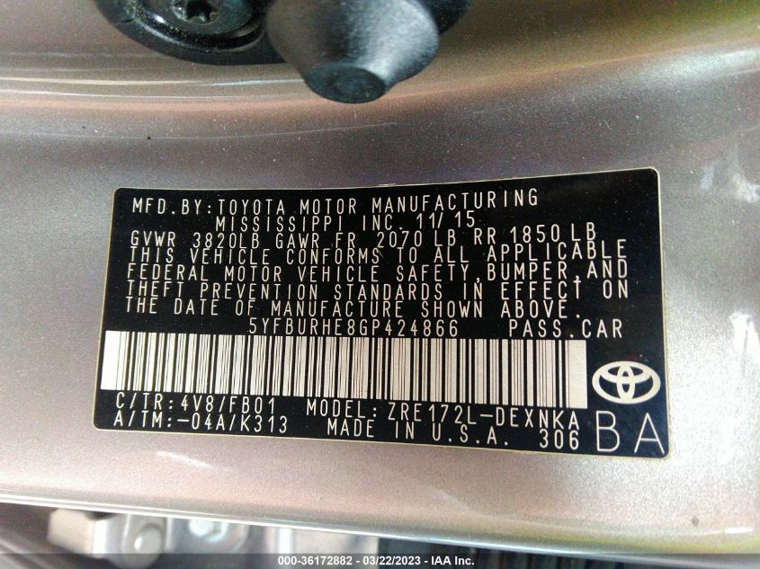 2016 TOYOTA COROLLA L/LE/S/S PLUS/LE PLUS - 5YFBURHE8GP424866
