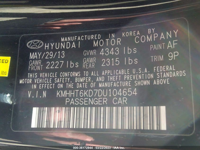 2013 HYUNDAI GENESIS COUPE 2.0T PREMIUM KMHHT6KD7DU104654