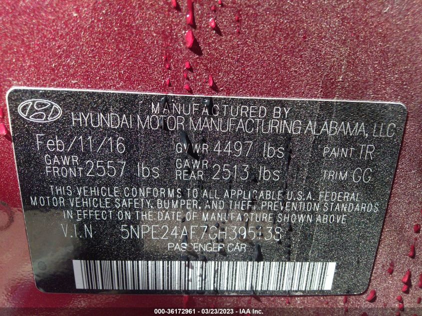 2016 HYUNDAI SONATA 2.4L - 5NPE24AF7GH395138