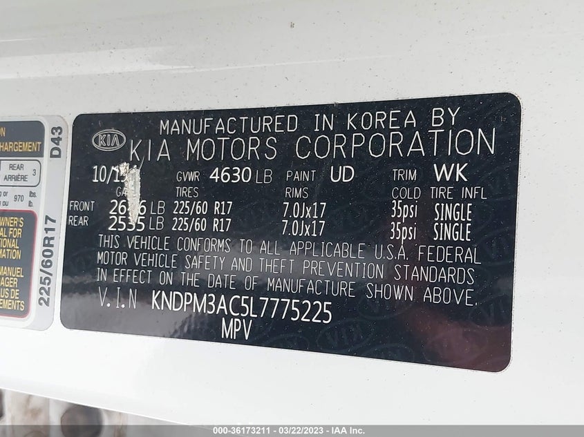 VIN KNDPM3AC5L7775225 2020 KIA SPORTAGE LX