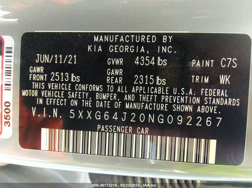 2022 KIA K5 GT-LINE - 5XXG64J20NG092267