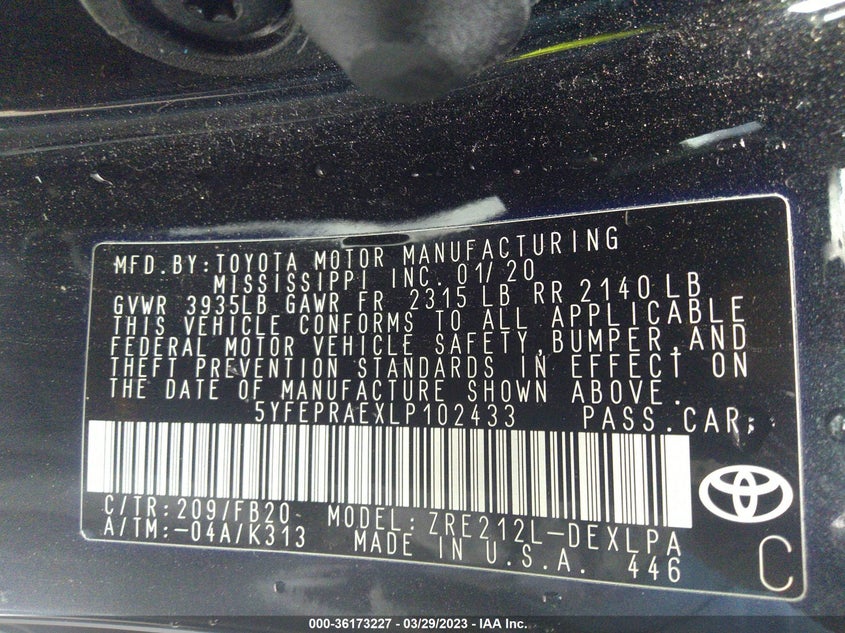 VIN 5YFEPRAEXLP102433 2020 TOYOTA COROLLA LE