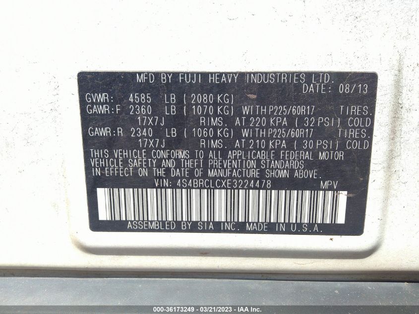 2014 SUBARU OUTBACK 2.5I LIMITED - 4S4BRCLCXE3224478