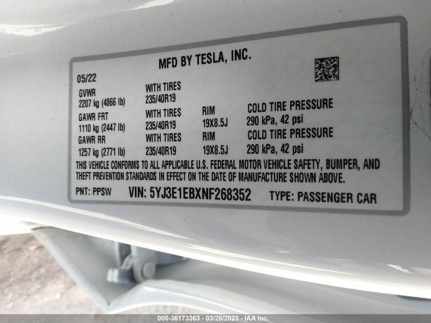 2022 TESLA MODEL 3 LONG RANGE - 5YJ3E1EBXNF268352